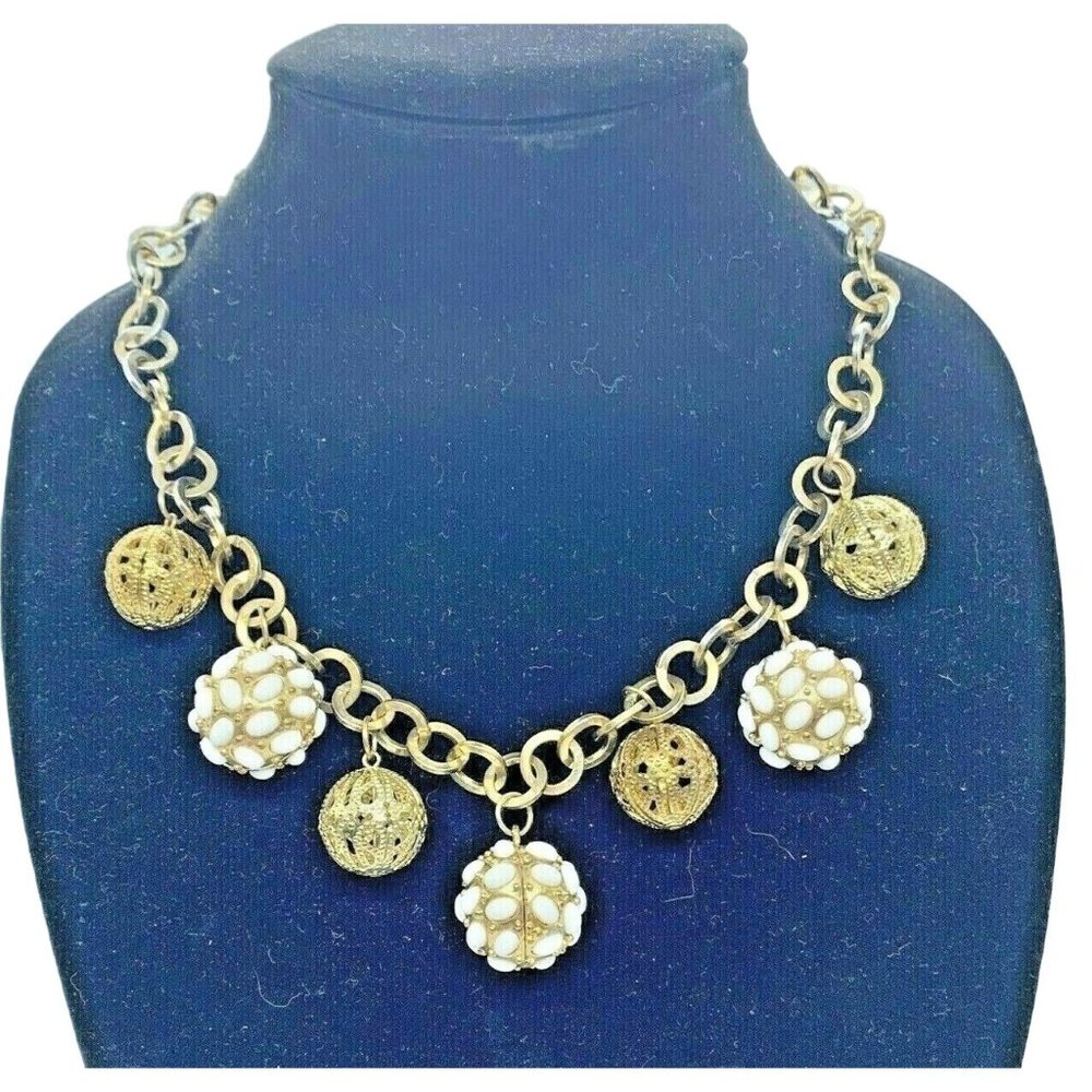 RJ Graziano Gold & White Disco Ball Chainlink Statement Necklace Signed